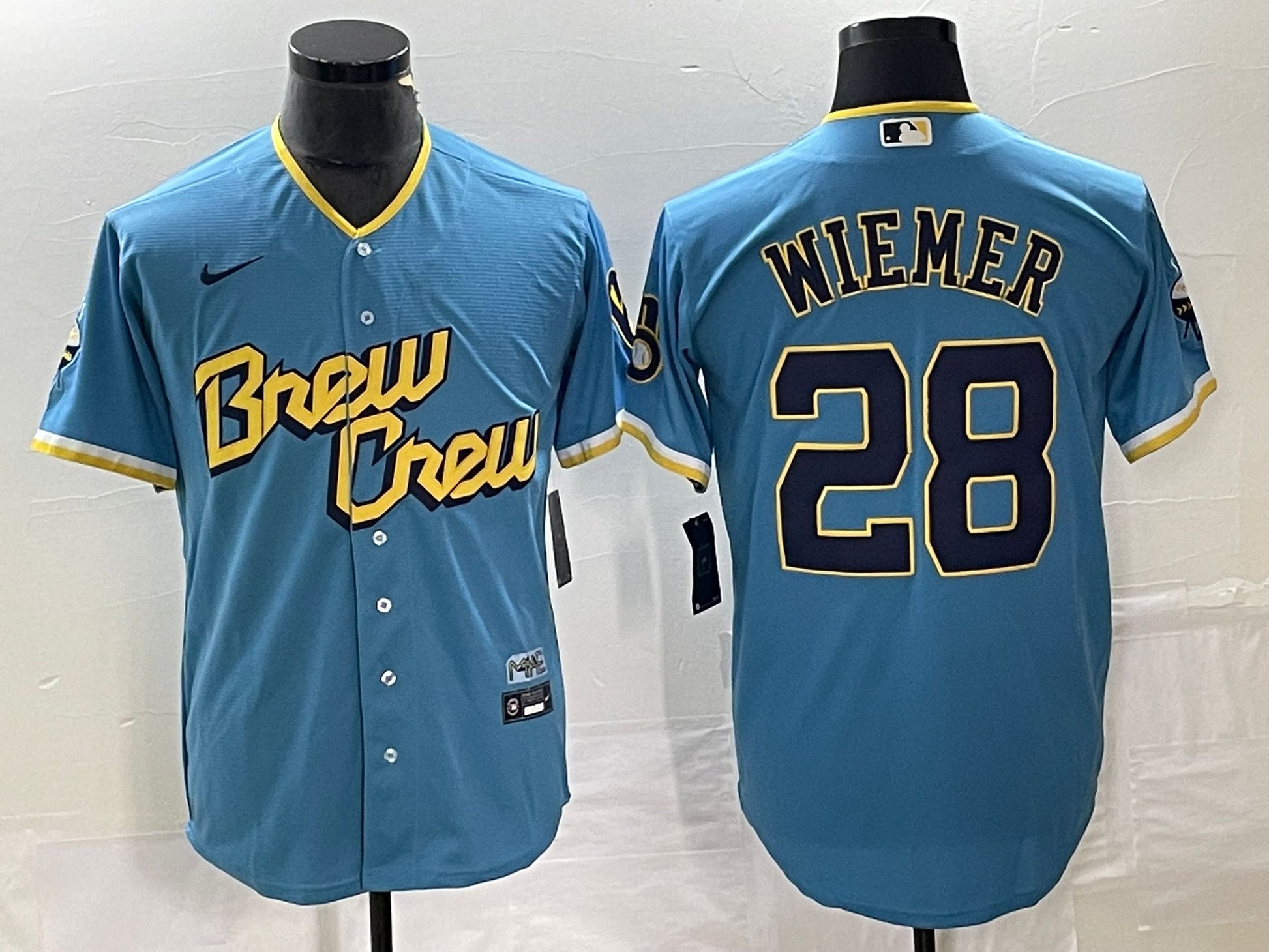 Men's Milwaukee Brewers Joey Wiemer #28 Powder Blue 2022 City Connect Replica Player Jersey1 baseball jersey product view 1