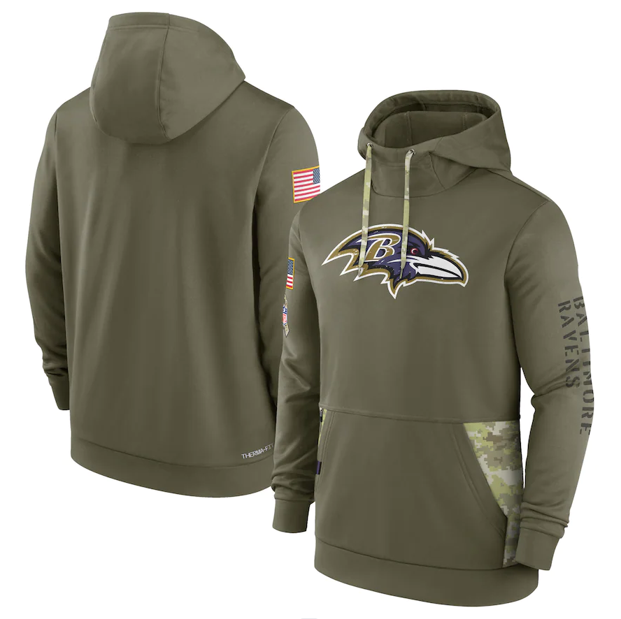 Men's Baltimore Ravens Olive 2022 Salute to Service Therma Performance Pullover Hoodie1 football jersey product view 1