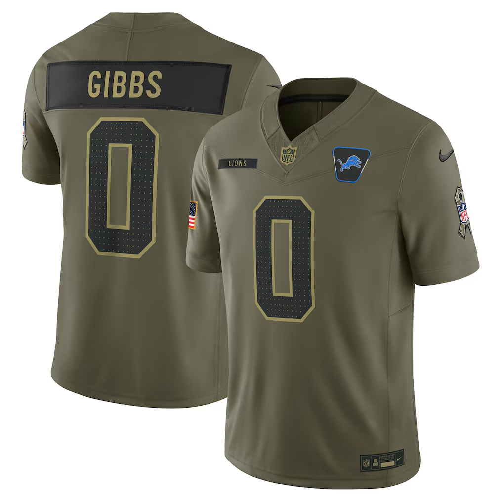 Men's Detroit Lions Jahmyr Gibbs Nike Olive 2025 Salute to Service Limited Jersey football jersey product view 1