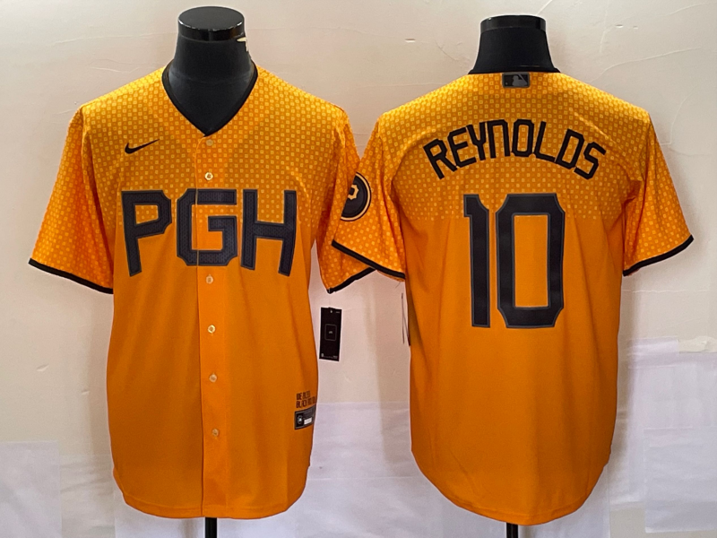 Men's Pittsburgh Pirates Bryan Reynolds #10 Gold 2023 City Connect Replica Player Jersey1 baseball jersey product view 1