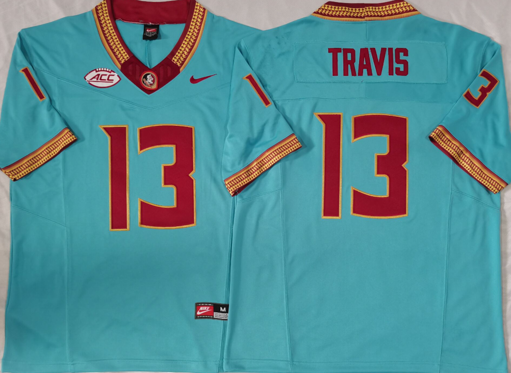 Men's Florida State Seminoles Jordan Travis #13 Turquoise Player Jersey basketball jersey product view 1