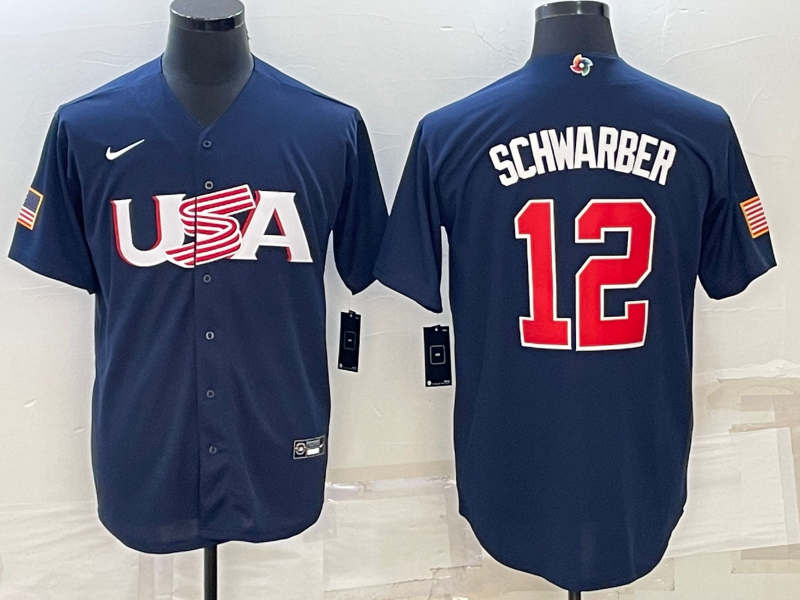 Men's 2023 World Baseball Classic #12 Kyle Schwarber USA Navy Jersey1 baseball jersey product view 1