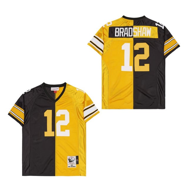 Terry Bradshaw 12 Pittsburgh Steelers Two-Toned Retro Throwback Men Jersey - Black/Yellow football jersey product view 1