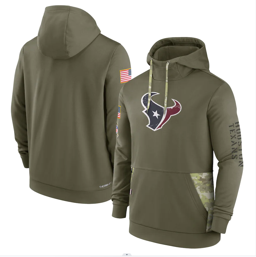 Men's Houston Texans Olive 2022 Salute to Service Therma Performance Pullover Hoodie1 football jersey product view 1