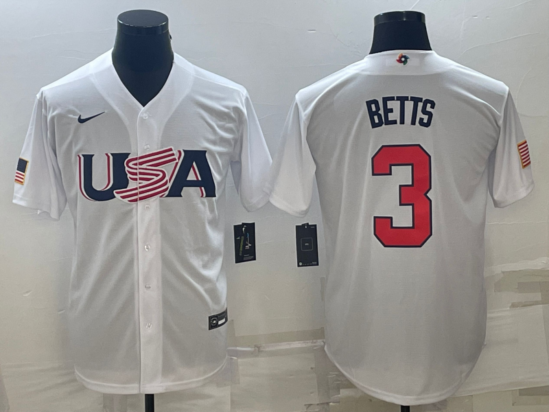 Men's 2023 World Baseball Classic #3 Mookie Betts USA White Jersey1 baseball jersey product view 1