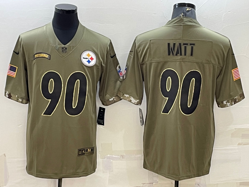 Men's Pittsburgh Steelers T.J. Watt #90 Olive 2022 Salute To Service Retired Player Limited Jersey1 football jersey product view 1