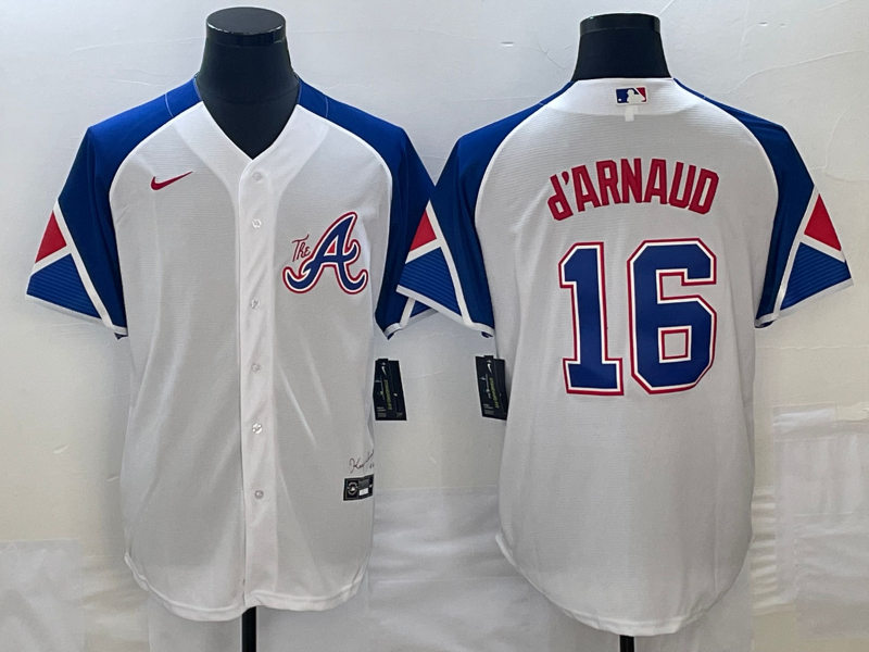 Men's Atlanta Braves Travis d'Arnaud #16 White 2023 City Connect Replica Player Jersey1 baseball jersey product view 1
