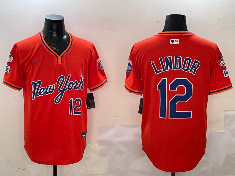 Men's New York Mets Francisco Lindor #12 Orange Replica Player Jersey1 baseball jersey product view 1