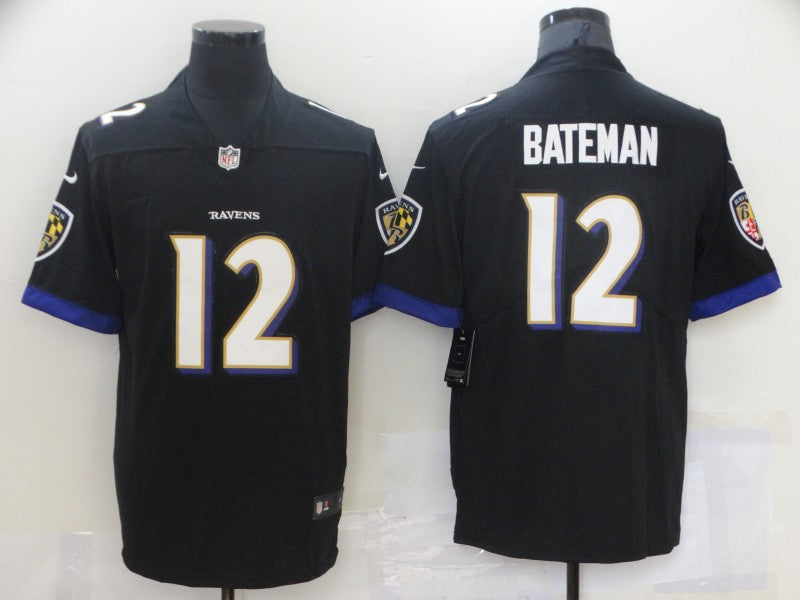 Men's Baltimore Ravens Rashod Bateman #12 Black Game Jersey1 football jersey product view 1
