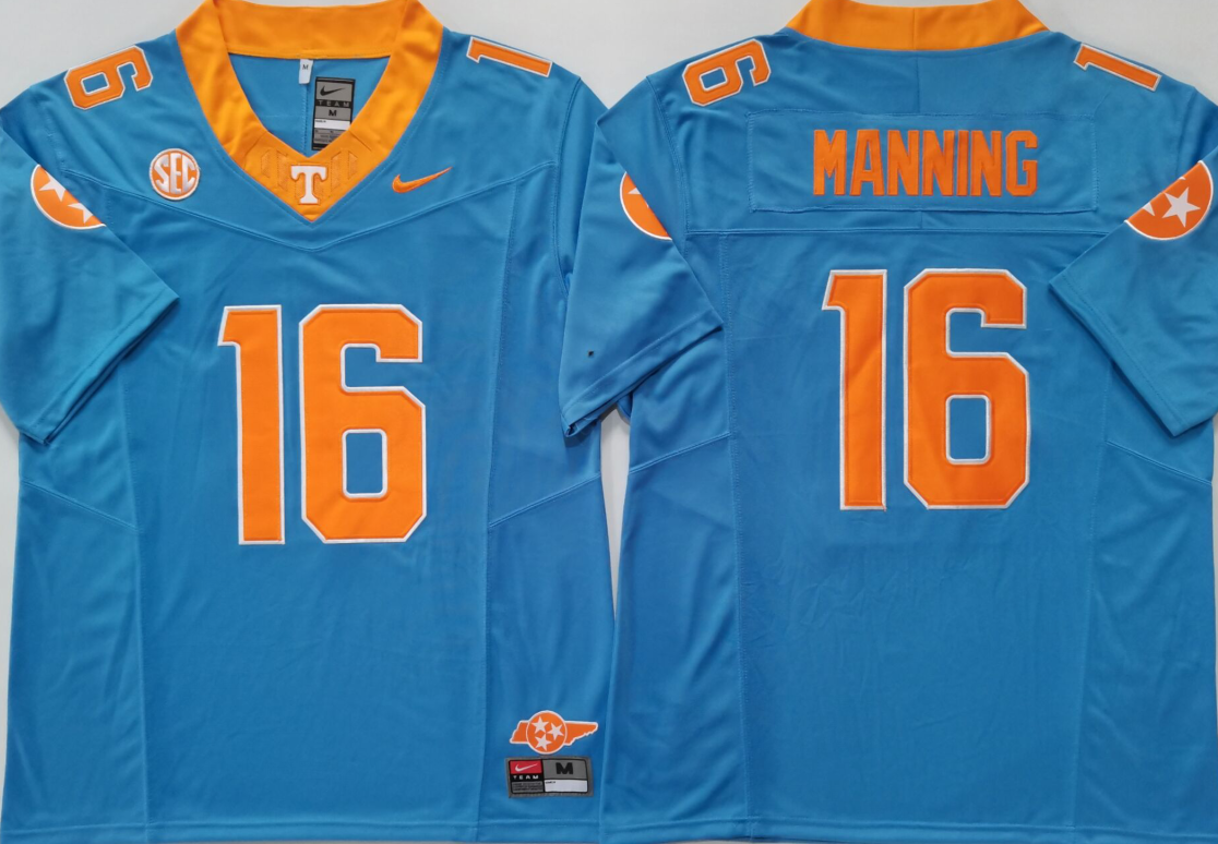 Men's Tennessee Volunteers Manning #16 Blue Game Jersey sports jersey product view 1