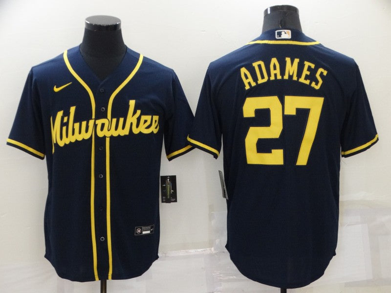 Men's Milwaukee Brewers Willy Adames #27 Navy Player Jersey1 baseball jersey product view 1