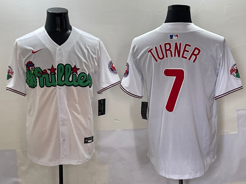 Men's Philadelphia Phillies Trea Turner #7 White Game Jersey1 baseball jersey product view 1