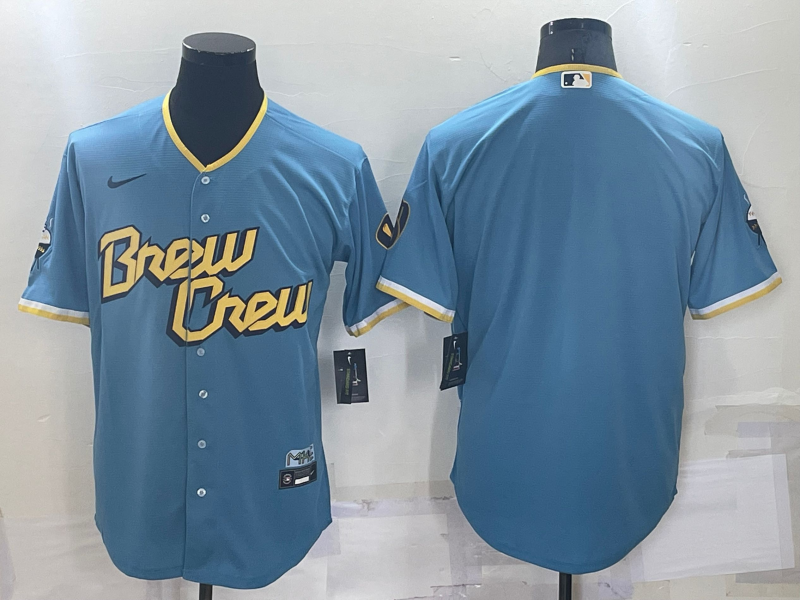 Men's Milwaukee Brewers Powder Blue 2022 City Connect Replica Blank Jersey baseball jersey product view 1