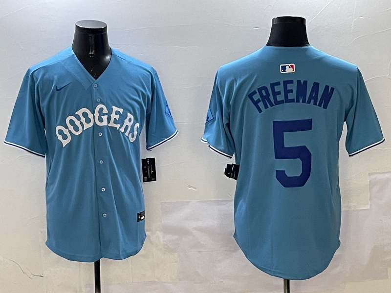 Men's Los Angeles Dodgers Freddie Freeman #5 Light Blue Replica Player Jersey1 baseball jersey product view 1