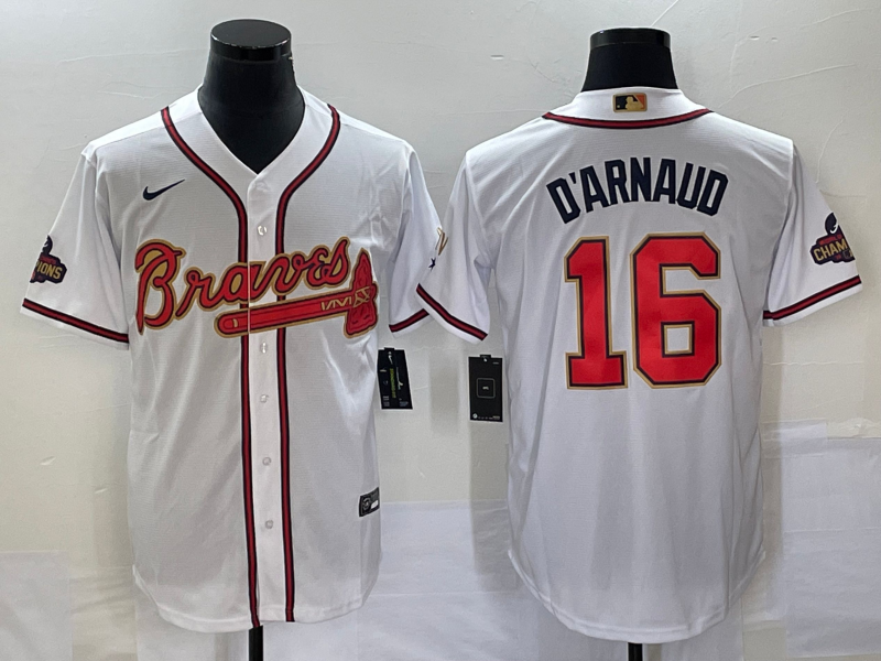 Men's Atlanta Braves Travis d'Arnaud #16 White Replica Player Jersey1 baseball jersey product view 1