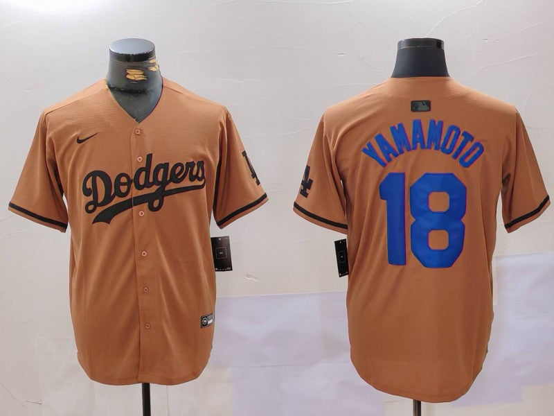 Men's Los Angeles Dodgers Yoshinobu Yamamoto #18 Brown Game Player Jersey1 baseball jersey product view 1