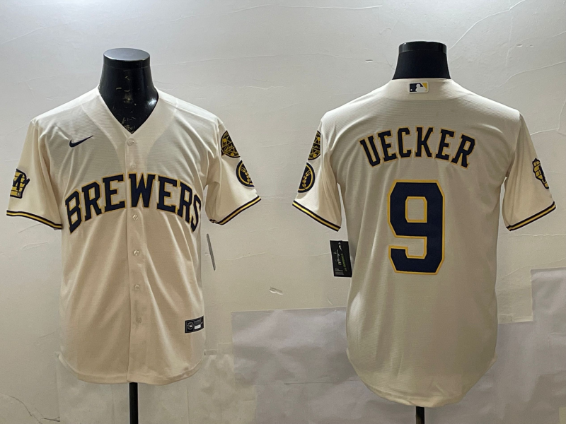 Men's Milwaukee Brewers Bob Uecker #9 Cream Home Limited Player Jersey1 baseball jersey product view 1