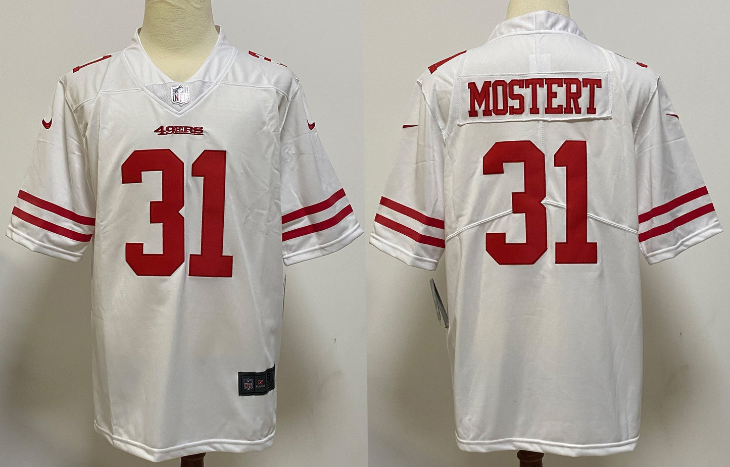 Men's San Francisco 49ers Raheem Mostert #31 White Game Player Jersey1 football jersey product view 1