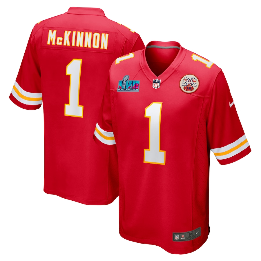 Men's Kansas City Chiefs Jerick McKinnon #1 Red Super Bowl LVII Patch Game Jersey1 football jersey product view 1