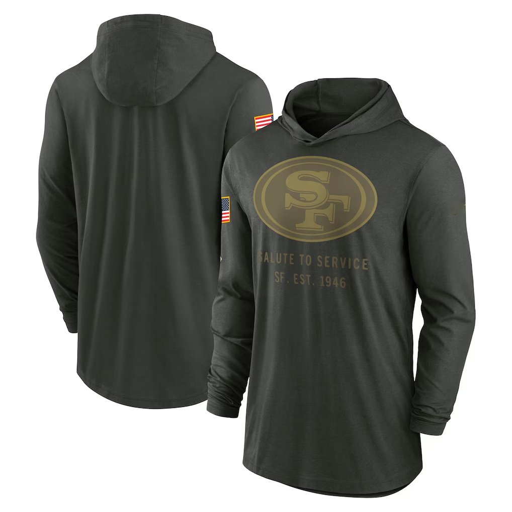 Men's San Francisco 49ers Forest Green 2025 Salute to Service Sideline Dri-FIT Lightweight Hooded Pullover football jersey product view 1