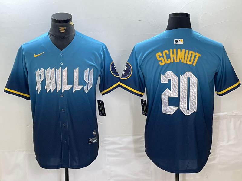 Men's Philadelphia Phillies Mike Schmidt #20 Blue 2024 City Connect Limited Player Jersey1 baseball jersey product view 1