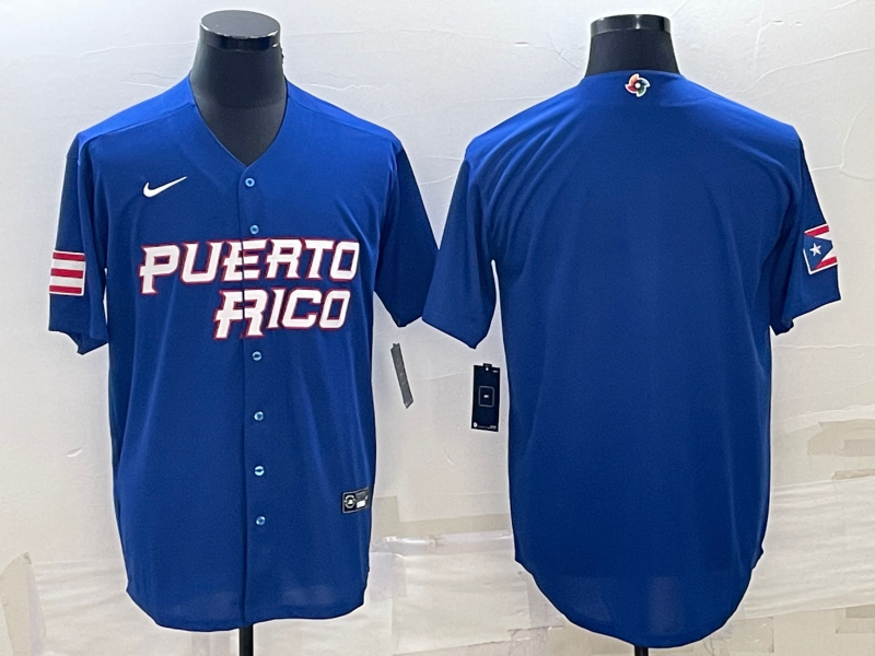Men's 2023 World Baseball Classic Puerto Rico Blue Blank Jersey1 baseball jersey product view 1