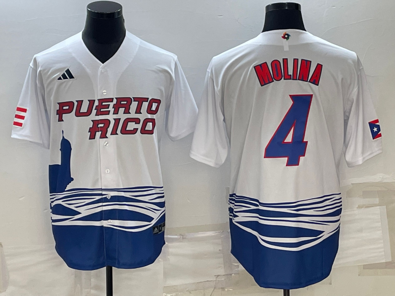 Men's 2023 World Baseball Classic #4 Yadier Molina Puerto Rico White Jersey1 baseball jersey product view 1