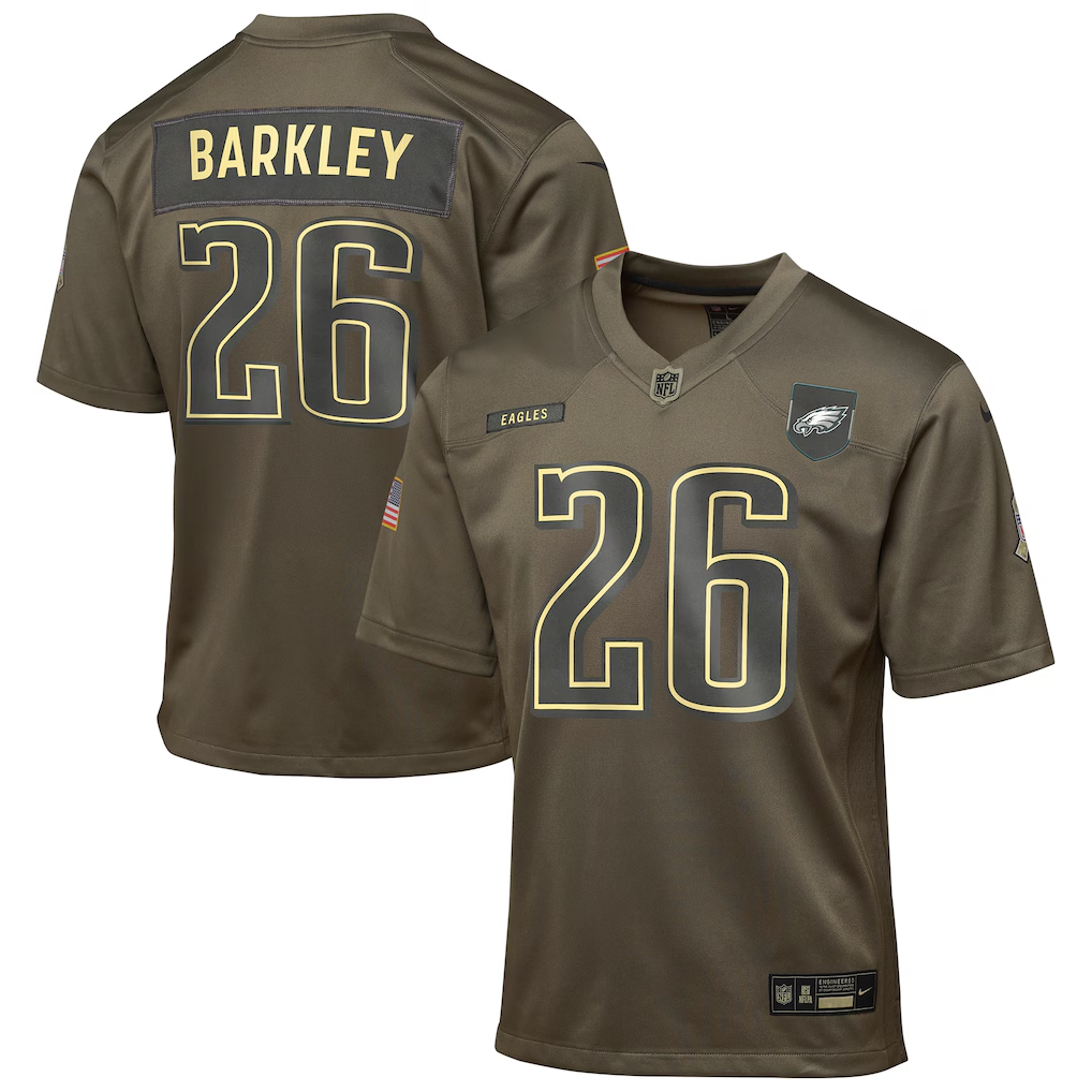 Youth Philadelphia Eagles Saquon Barkley Nike Olive 2025 Salute to Service Game Jersey football jersey product view 1