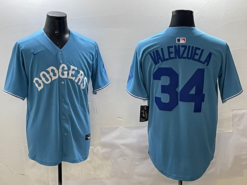Men's Los Angeles Dodgers Fernando Valenzuela #34 Light Blue Replica Player Jersey1 baseball jersey product view 1