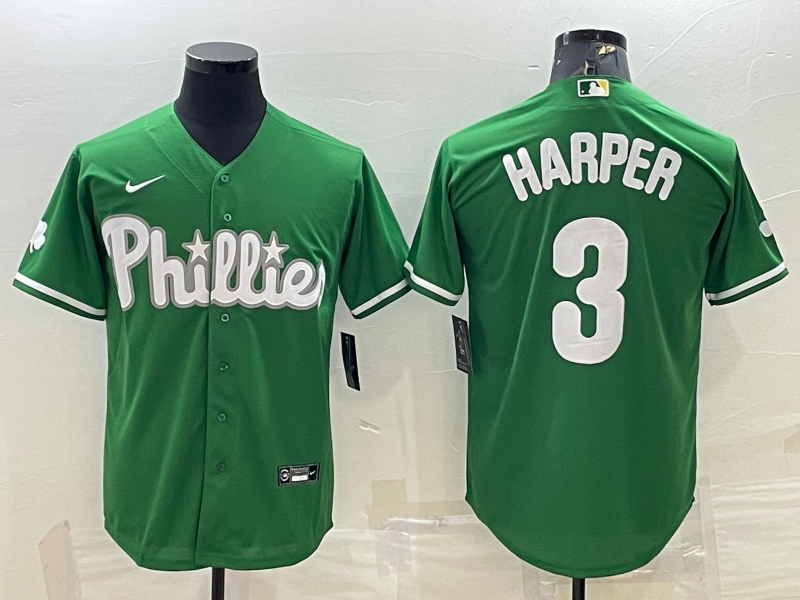 Men's Philadelphia Phillies Bryce Harper #3 Green Replica Player Jersey1 baseball jersey product view 1