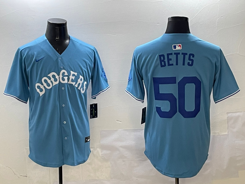 Men's Los Angeles Dodgers Mookie Betts #50 Light Blue Replica Player Jersey1 baseball jersey product view 1