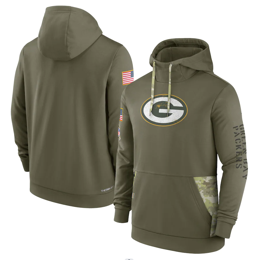 Men's Green Bay Packers Olive 2022 Salute to Service Therma Performance Pullover Hoodie1 football jersey product view 1