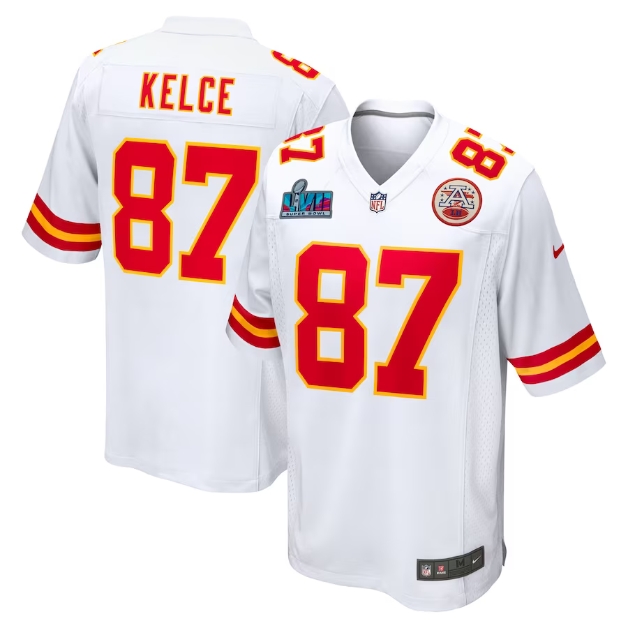 Men's Kansas City Chiefs Travis Kelce #87 White Super Bowl LVII Patch Away Game Jersey1 football jersey product view 1