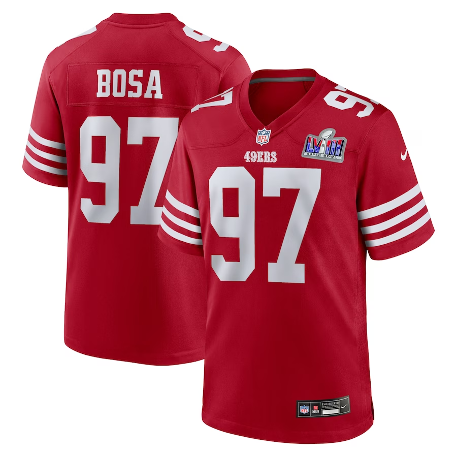 Men's San Francisco 49ers Nick Bosa #97 Scarlet Super Bowl LVIII Game Jersey1 football jersey product view 1