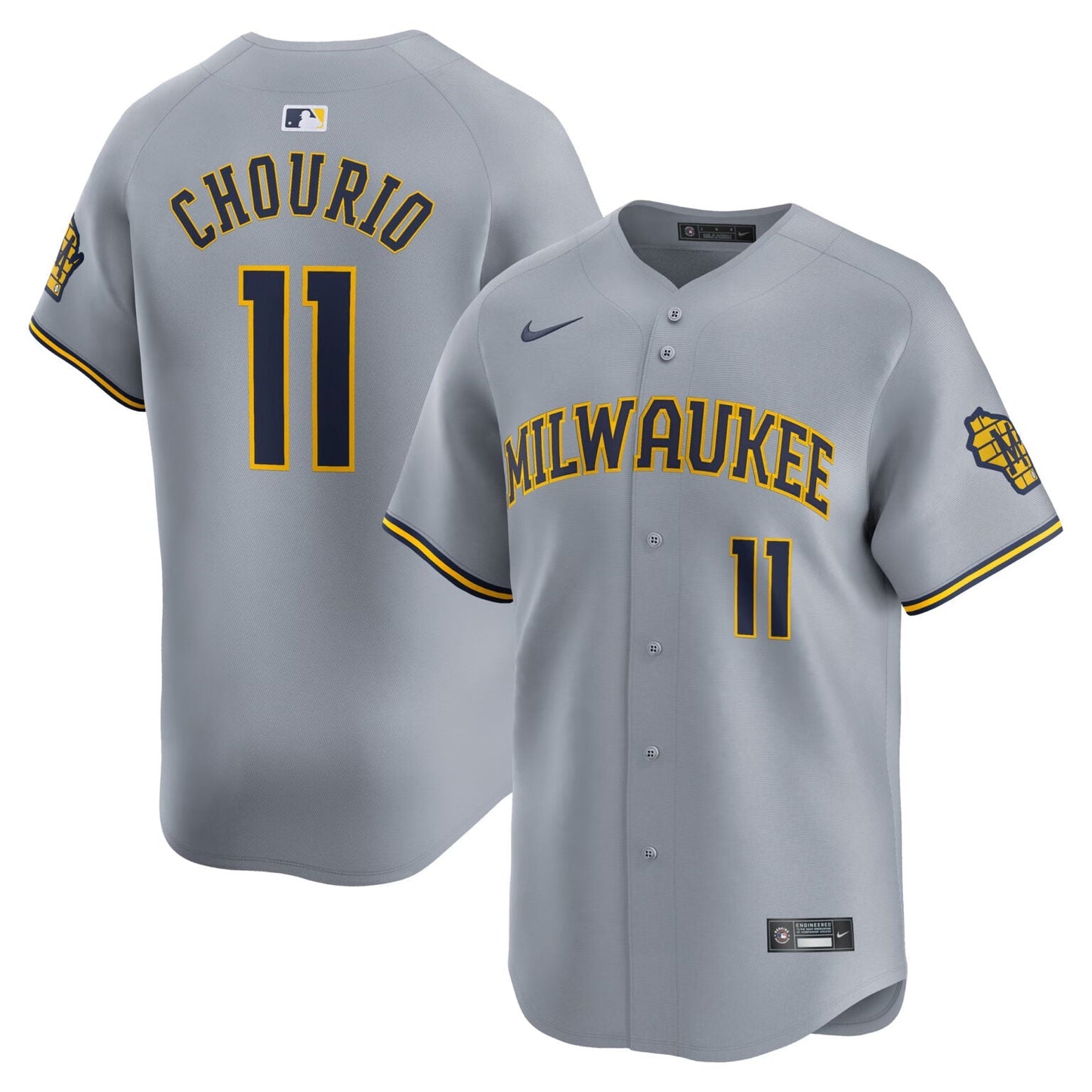 Jackson Chourio Milwaukee Brewers Road Limited Jersey - Gray baseball jersey product view 1