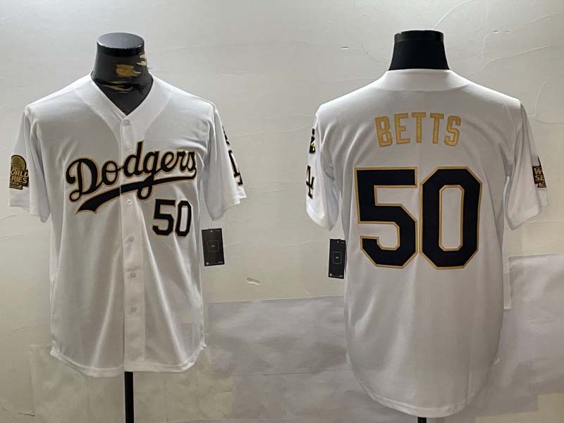 Los angeles dodgers #50 mookie betts white gold 2024 world series with fernando memorial patch limited stitched baseball jersey baseball jersey product view 1