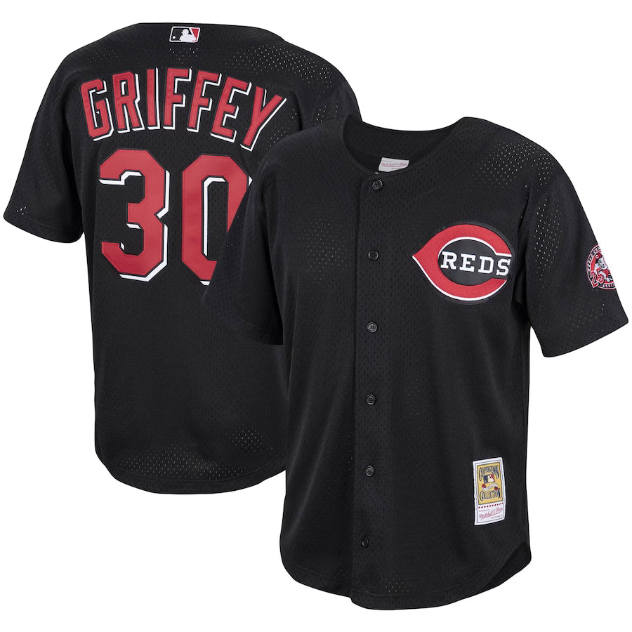 Ken Griffey Jr. Cincinnati Reds Cooperstown Collection Mesh Batting Practice Button-Up Jersey - Black baseball jersey product view 1