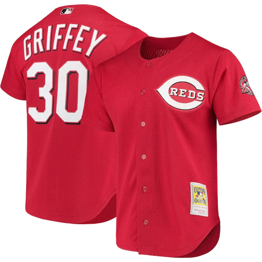 Ken Griffey Jr. Cincinnati Reds Cooperstown Collection Mesh Batting Practice Button-Up Jersey - Red baseball jersey product view 1