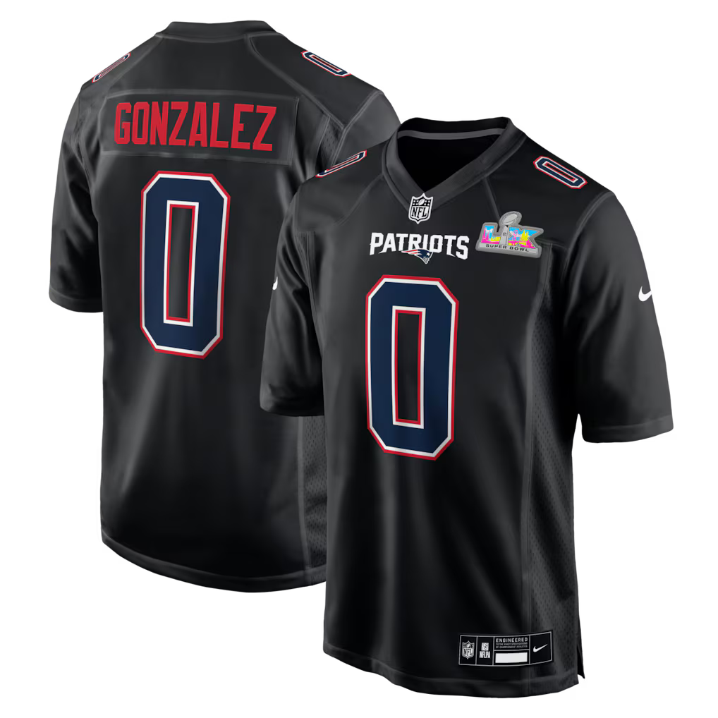 Christian Gonzalez New England Patriots Super Bowl LX Patch Jersey - Carbon Black football jersey product view 1