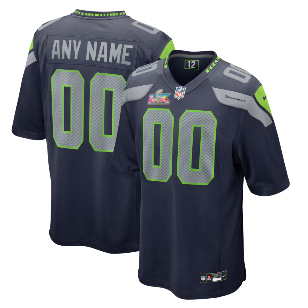 Custom Seattle Seahawks Super Bowl LX Patch Jersey - College Navy football jersey product view 1