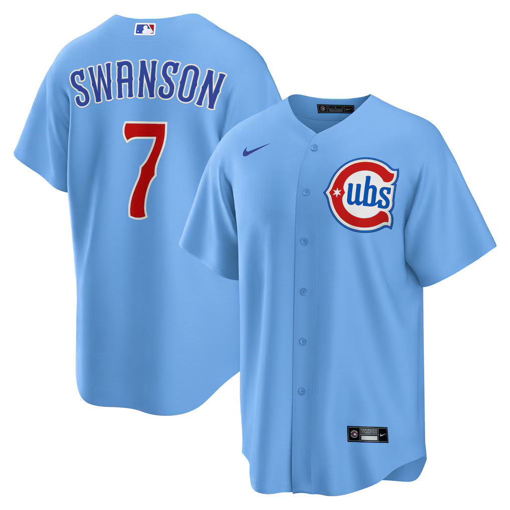 Dansby Swanson Chicago Cubs 2nd Alternate Jersey - Light Blue baseball jersey product view 1