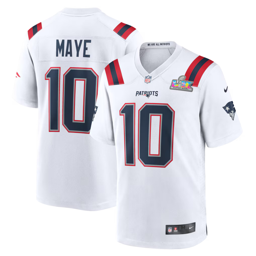 Drake Maye New England Patriots Super Bowl LX Patch Jersey - White football jersey product view 1