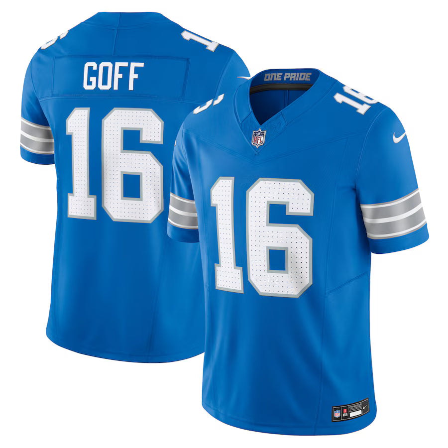 Jared Goff Detroit Lions Game Jersey - Blue football jersey product view 1