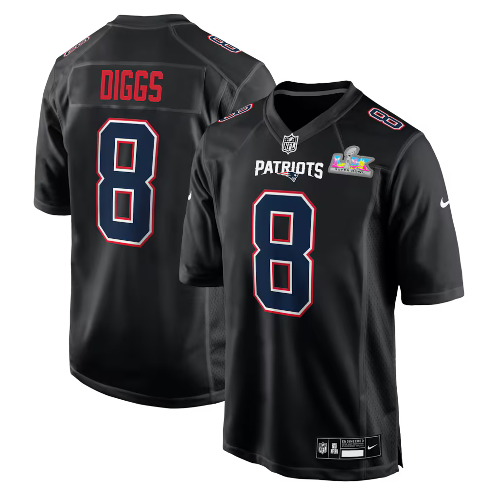 Stefon Diggs New England Patriots Super Bowl LX Patch Jersey - Carbon Black football jersey product view 1