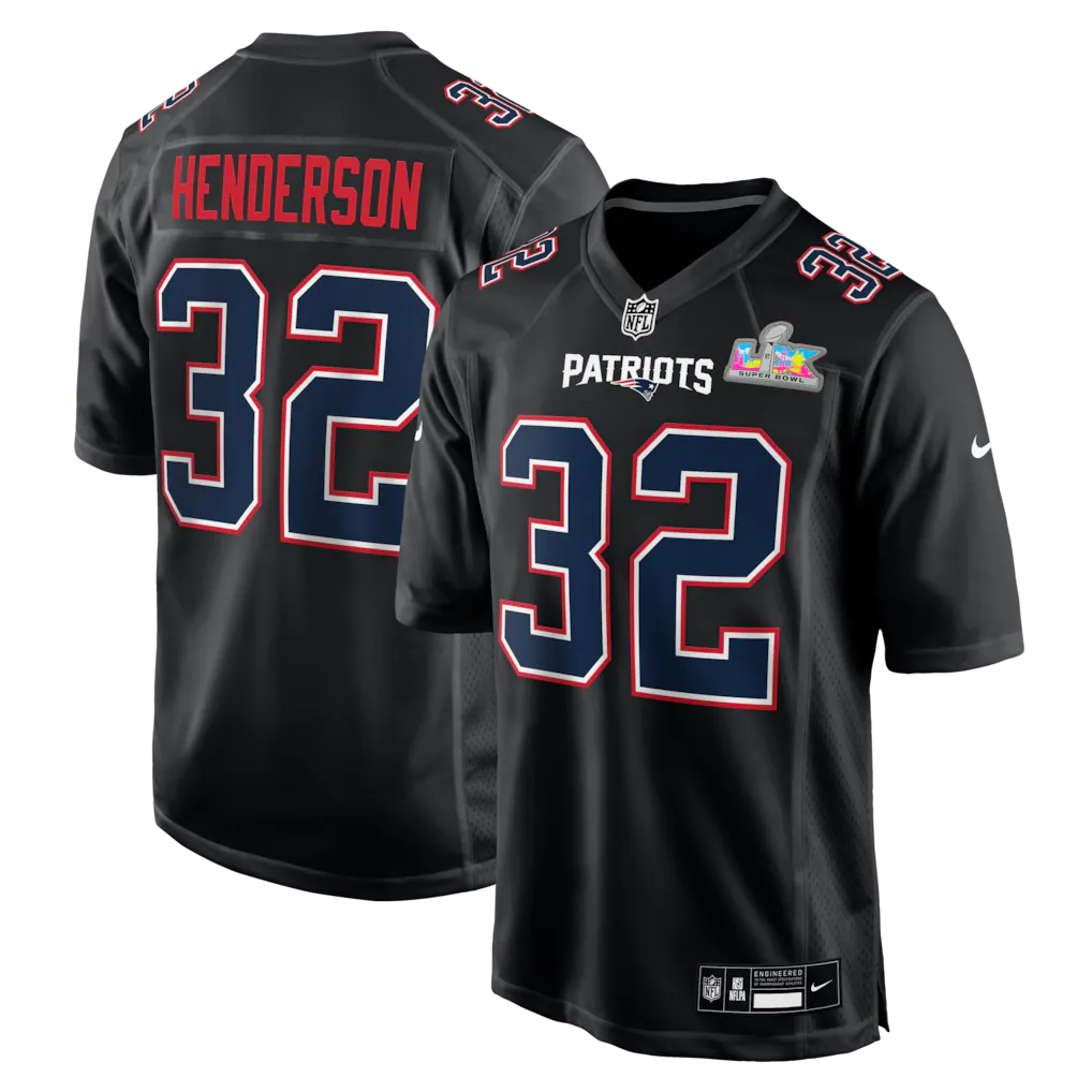 TreVeyon Henderson New England Patriots Super Bowl LX Patch Jersey - Carbon Black football jersey product view 1
