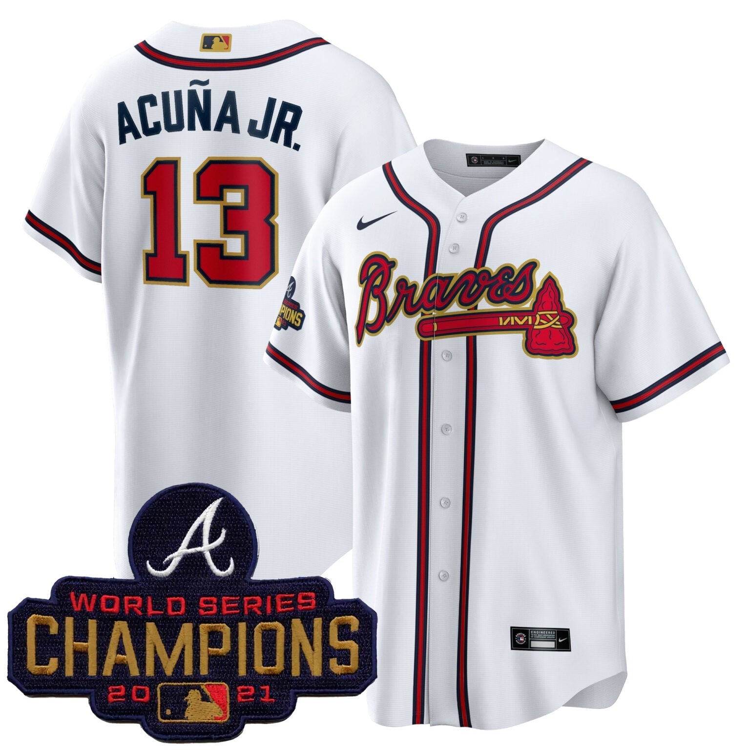 Ronald Acuna Jr Atlanta Braves 2021 World Series Patch Jersey – White baseball jersey product view 1