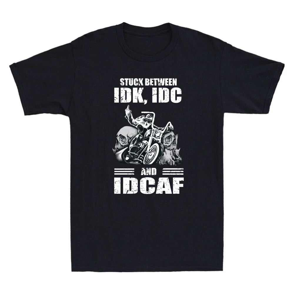 Skull Biker Stuck Between IDK IDC And IDGAF Vintage - Adult & Kids T-Shirts, Sweatshirts & Hoodies apparel design preview 1