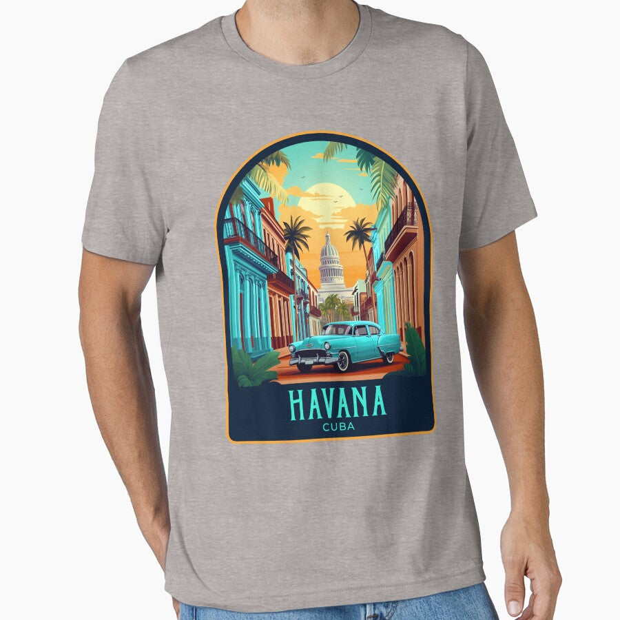 Havana Vintage Travel Illustration by HomeLivingCo - Adult & Kids T-Shirts, Sweatshirts & Hoodies apparel design preview 1