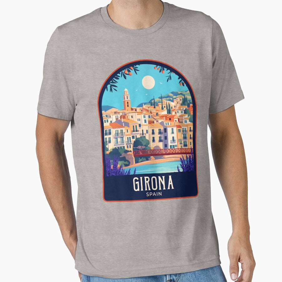 Girona Vintage Travel Illustration by HomeLivingCo - Adult & Kids T-Shirts, Sweatshirts & Hoodies apparel design preview 1